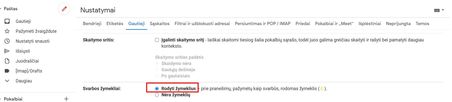 el. laiškų rikiavimas, žymekliai, important emails funkcija