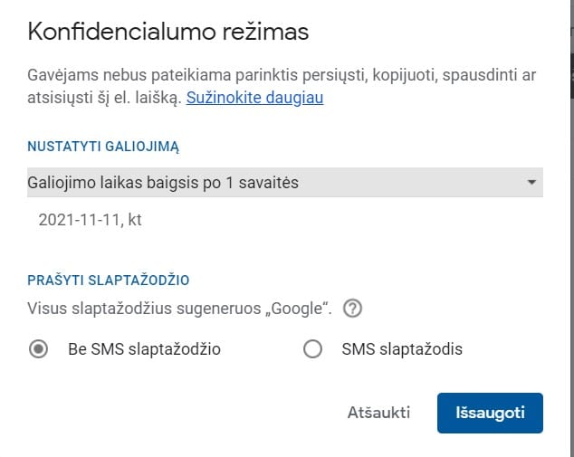 Gmail konfidencialumo nustatymas, konfidencialių el. laiškų parinktys, confidential emails funkcija