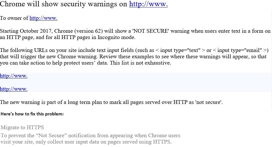 Google chrome elektroninis laiškas apie HTTP svetainėse pateikiamus saugumo įspėjimus